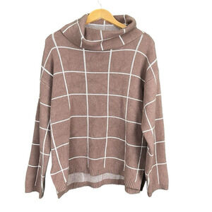 Kirundo Sweater Women XL Caramel Brown Window Pane Check Cowl Neck Soft Knit